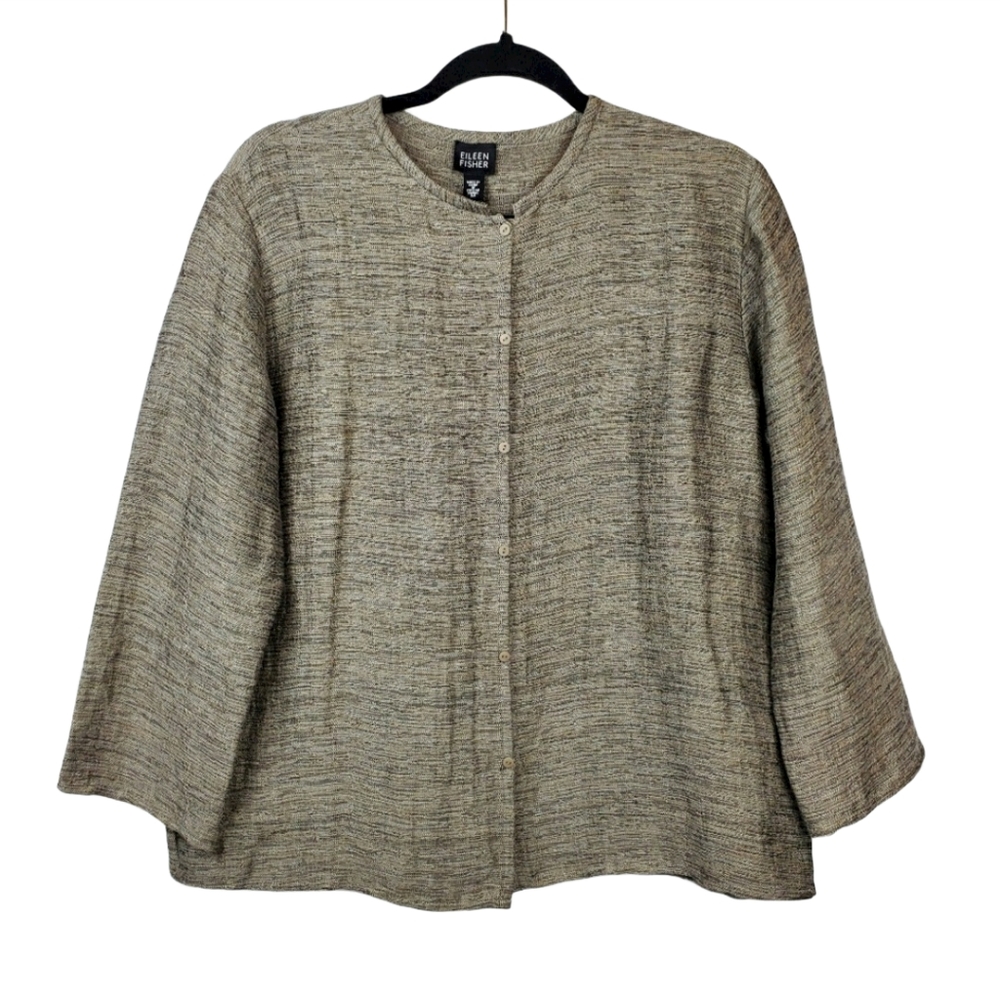 {Eileen Fisher} Black & Tan Linen Blend Boxy Top
